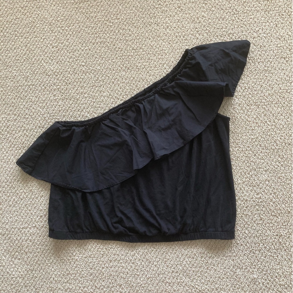 A New Day One Shoulder Black Cropped Blouse Size Large Cotton Blend Stretch EUC